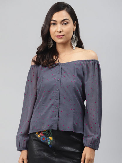 Women's Blue Flock Print Boat Neck Top