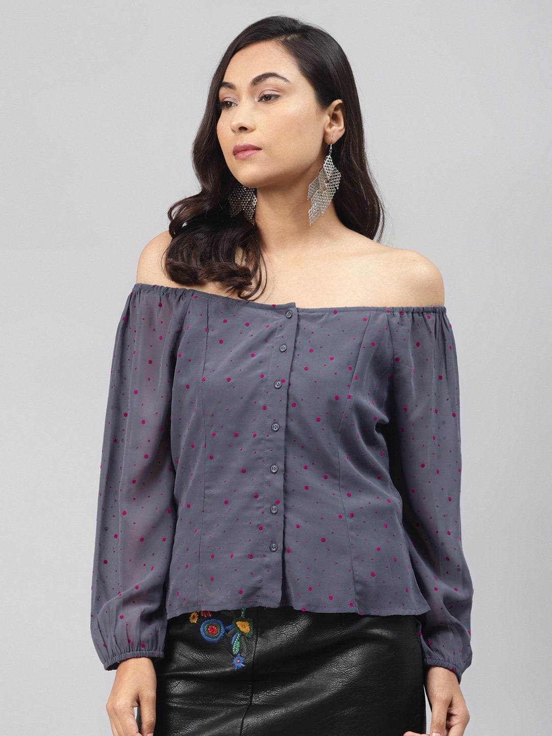 Women's Blue Flock Print Boat Neck Top