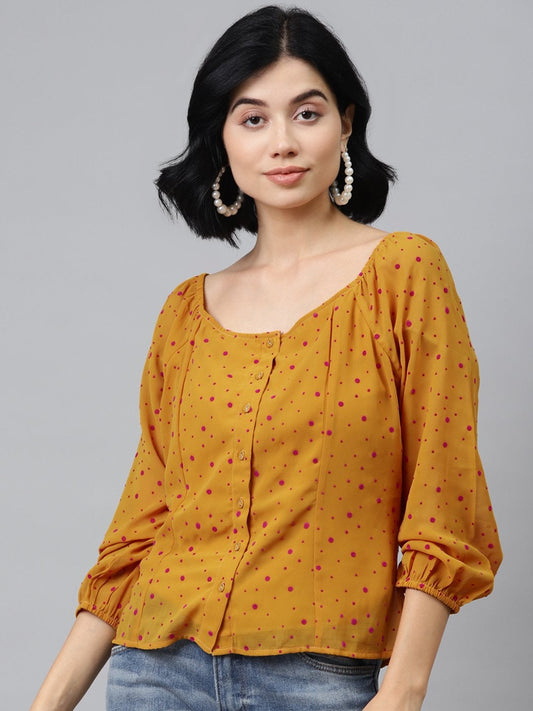 Women's Mustard Flock Print Boat Neck Top