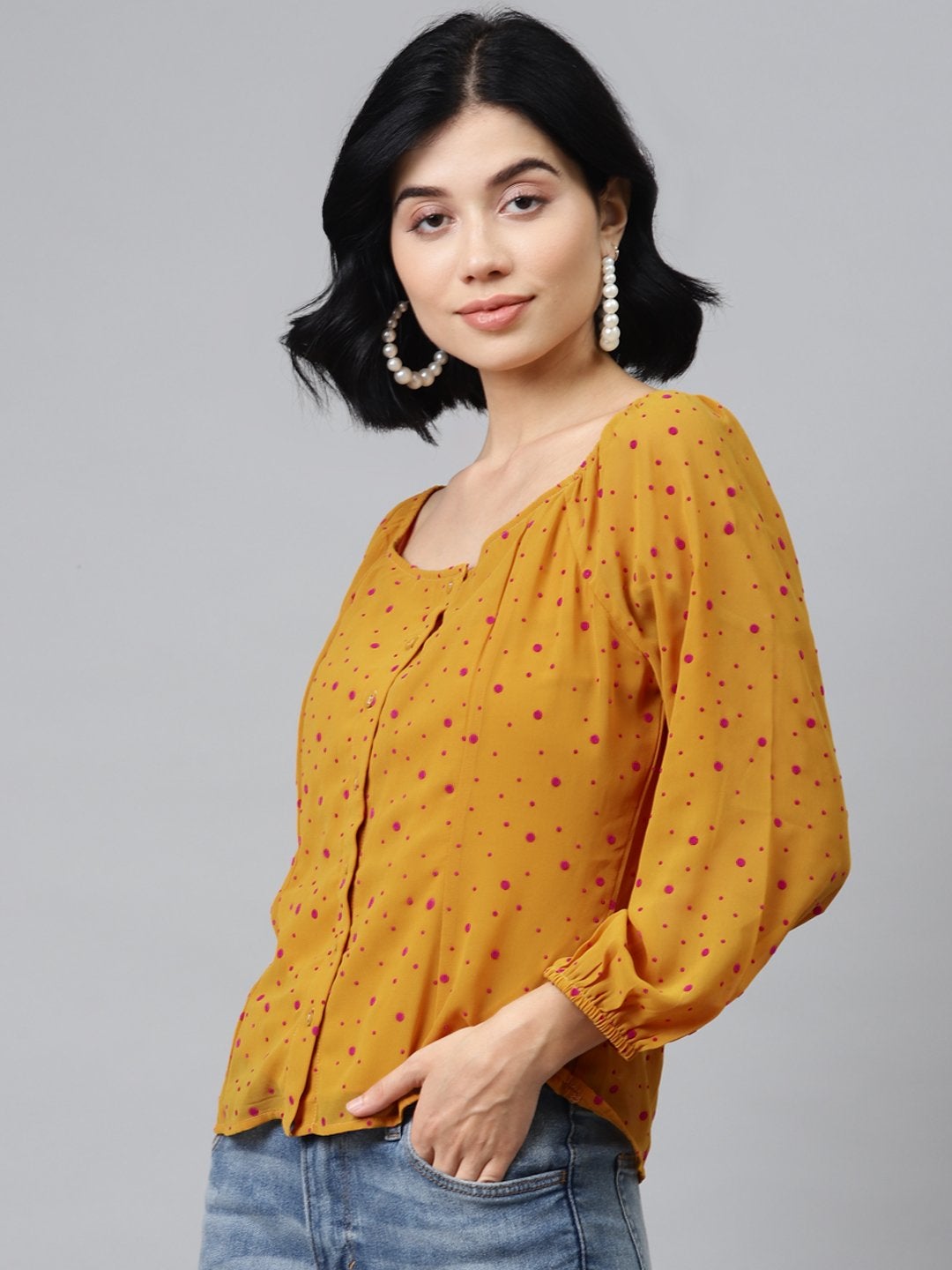 Women's Mustard Flock Print Boat Neck Top