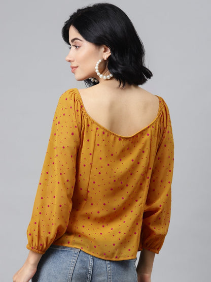 Women's Mustard Flock Print Boat Neck Top