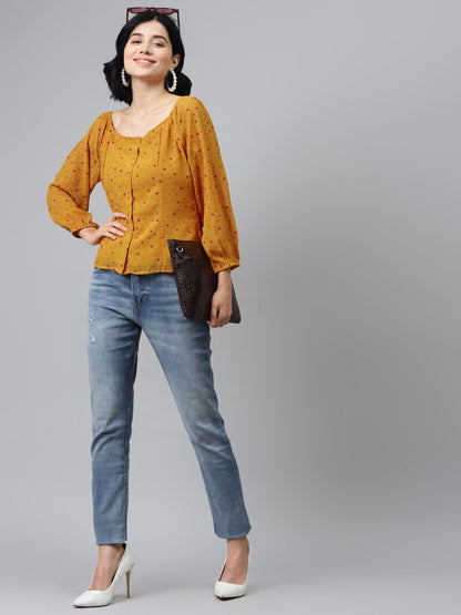 Women's Mustard Flock Print Boat Neck Top