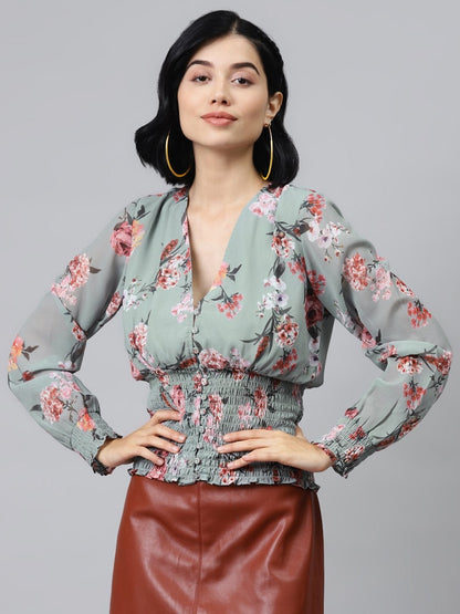 Women's Olive Floral V Neck Smocking Top