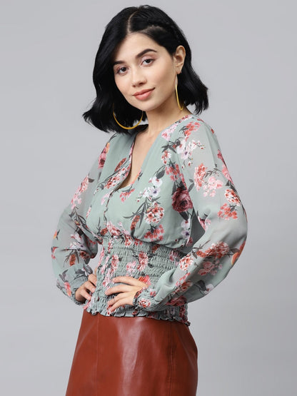 Women's Olive Floral V Neck Smocking Top