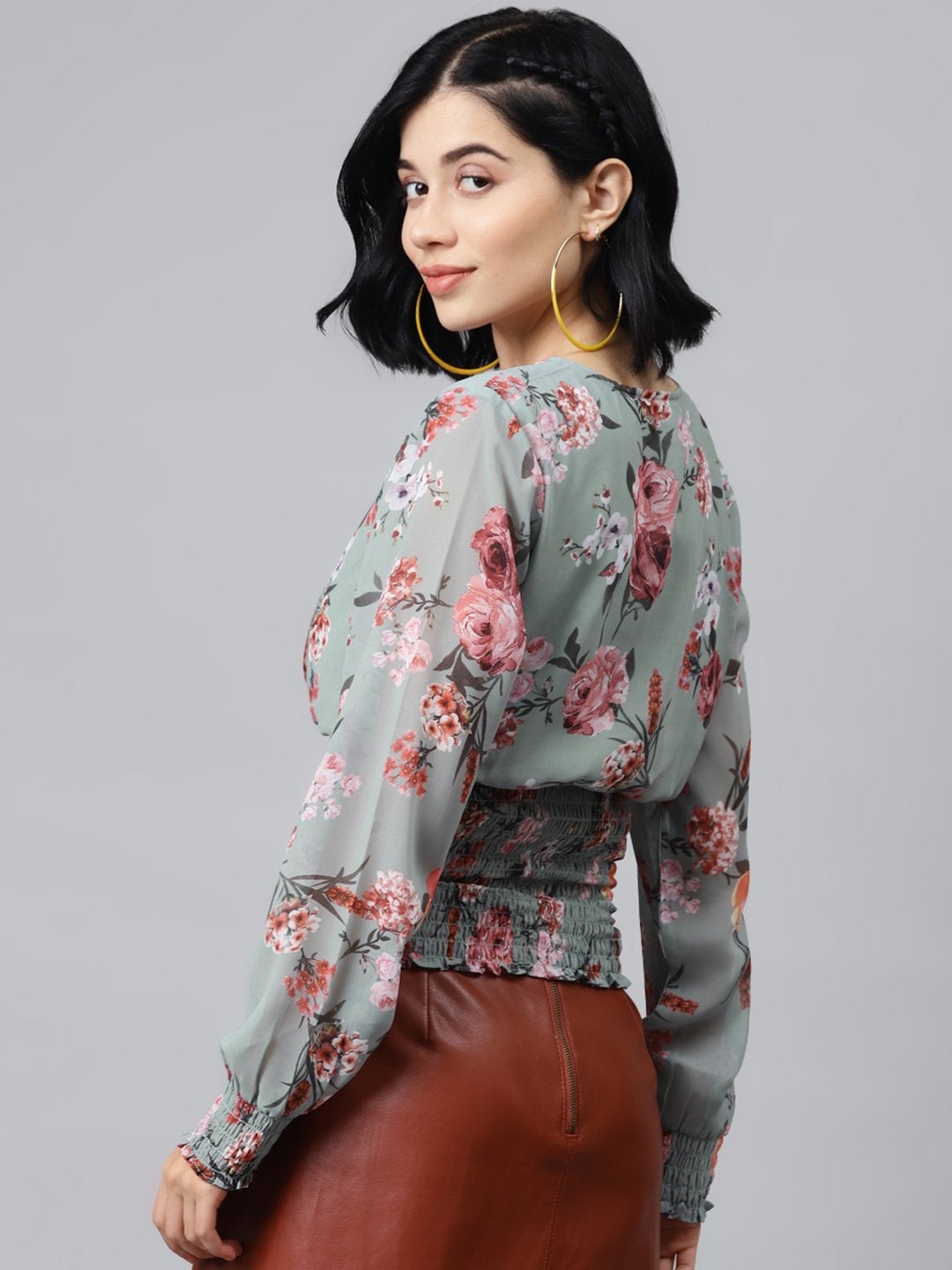 Women's Olive Floral V Neck Smocking Top