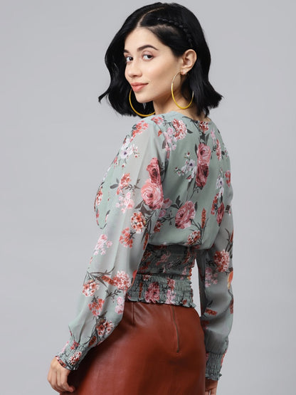 Women's Olive Floral V Neck Smocking Top