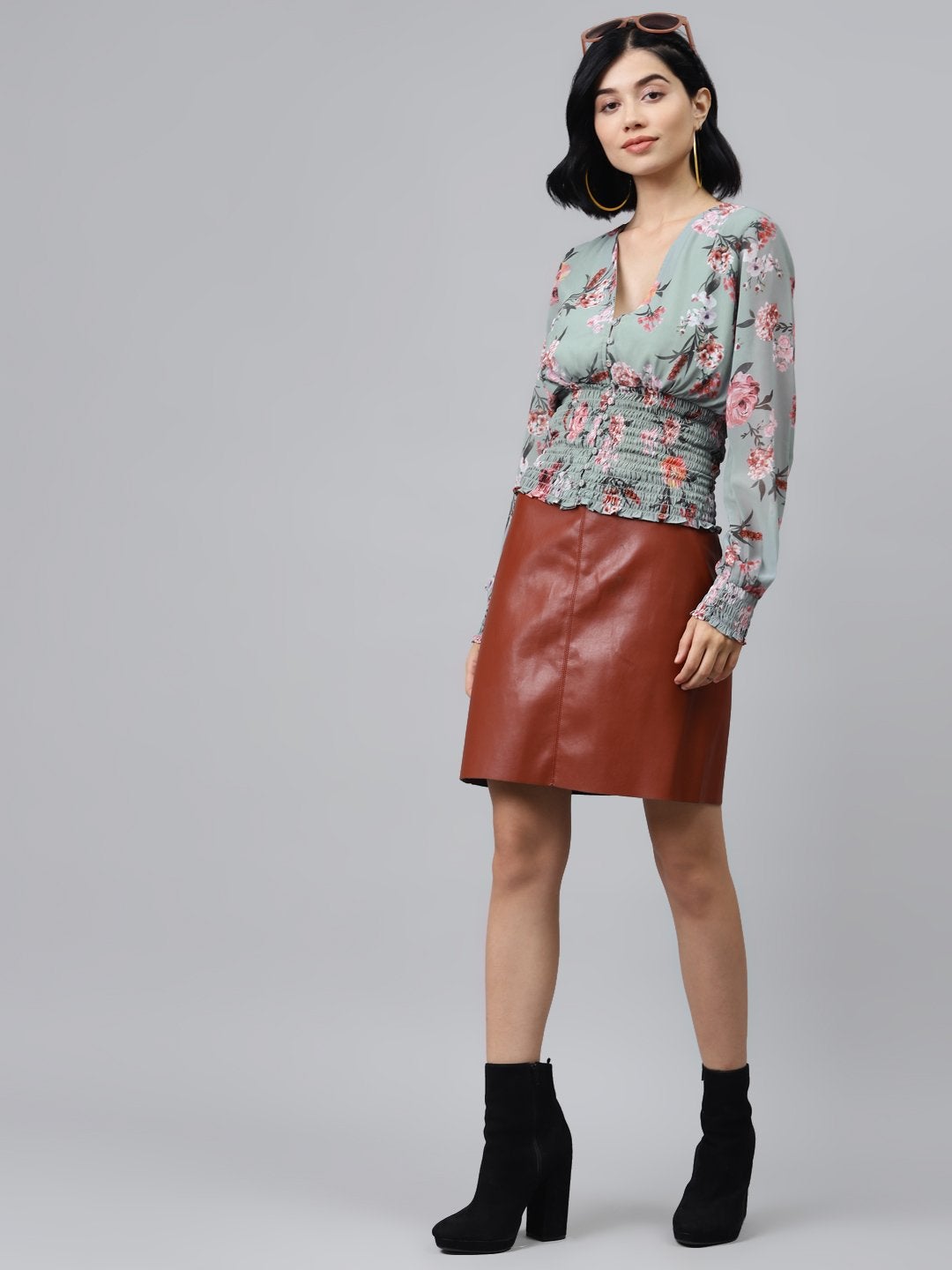 Women's Olive Floral V Neck Smocking Top