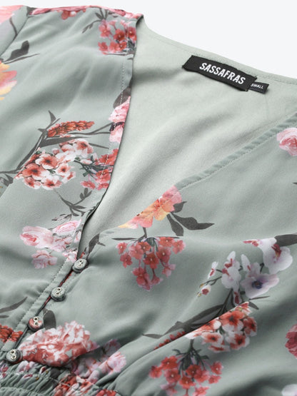 Women's Olive Floral V Neck Smocking Top