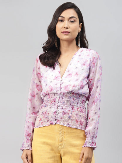 Women's Pink Colour Floral V Neck Smocking Top