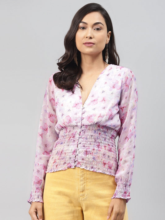 Women's Pink Colour Floral V Neck Smocking Top
