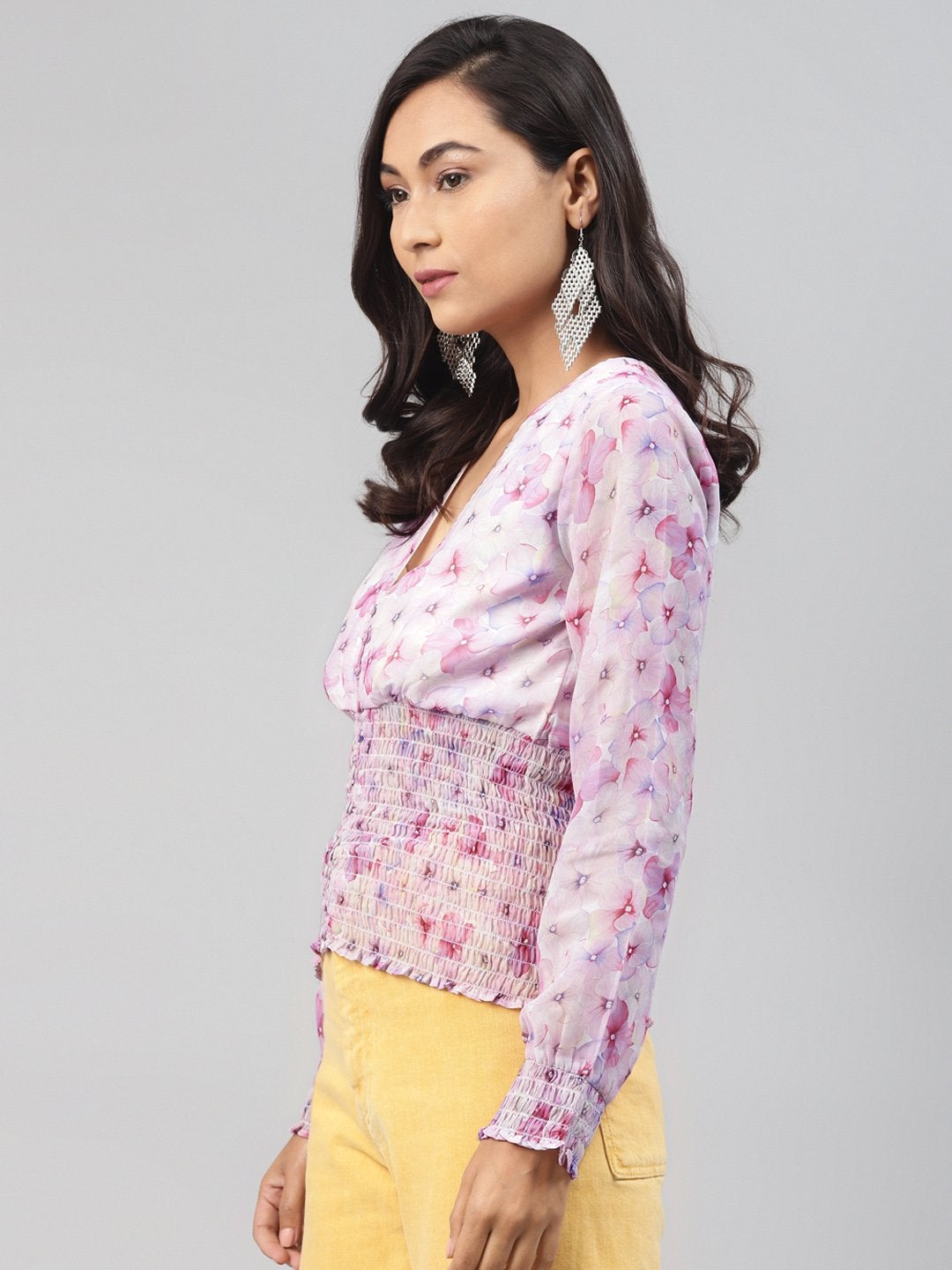 Women's Pink Colour Floral V Neck Smocking Top