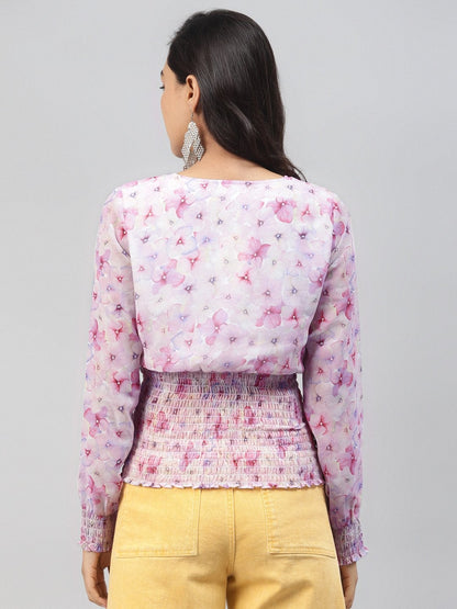 Women's Pink Colour Floral V Neck Smocking Top