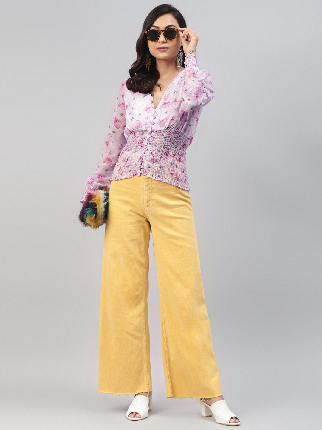 Women's Pink Colour Floral V Neck Smocking Top