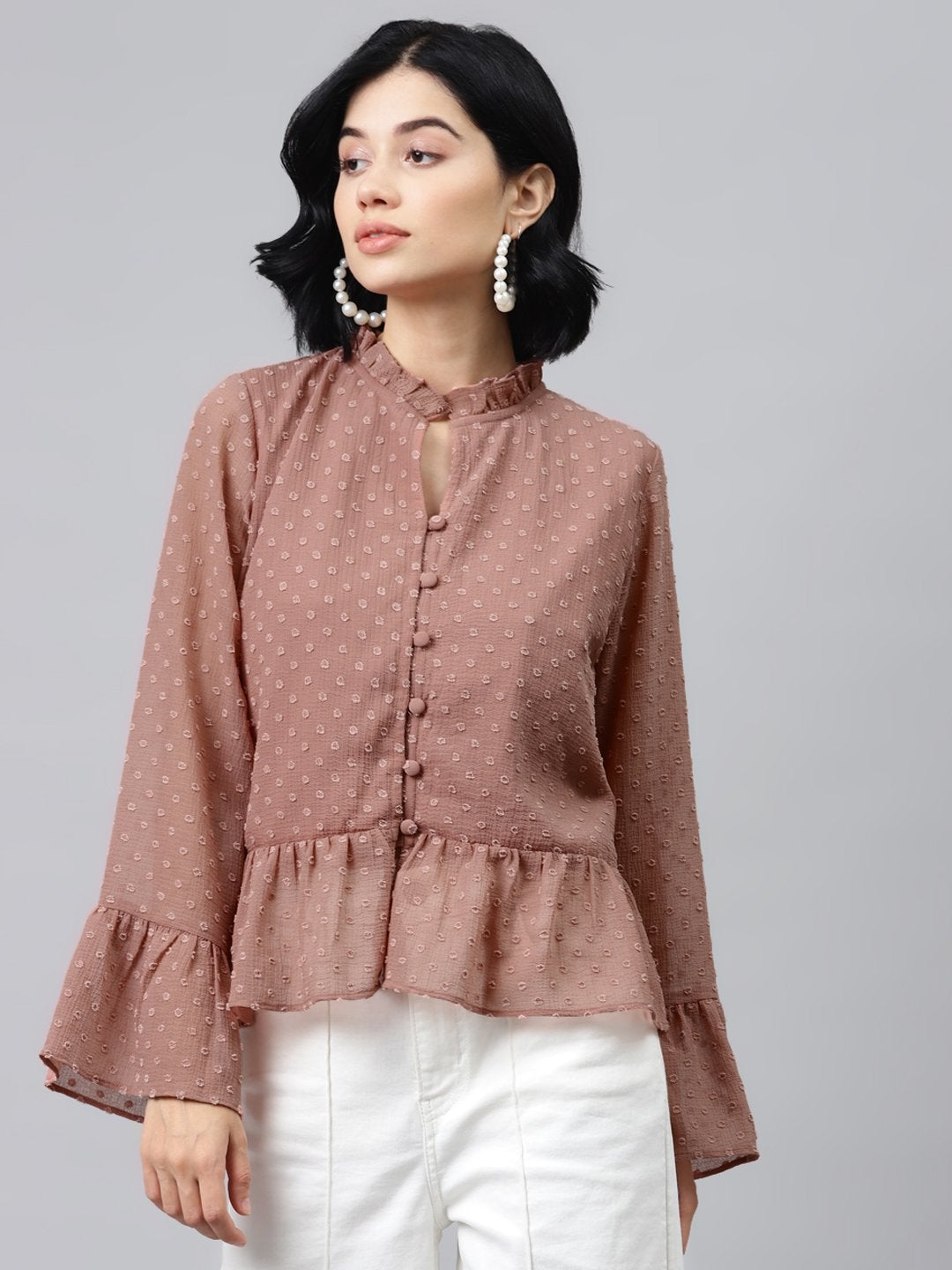 Women's Dusty Pink Front Frill Detail Top