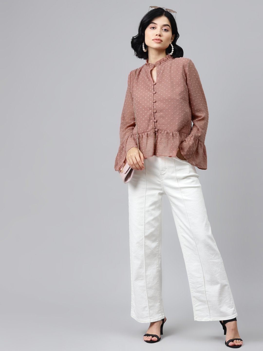 Women's Dusty Pink Front Frill Detail Top