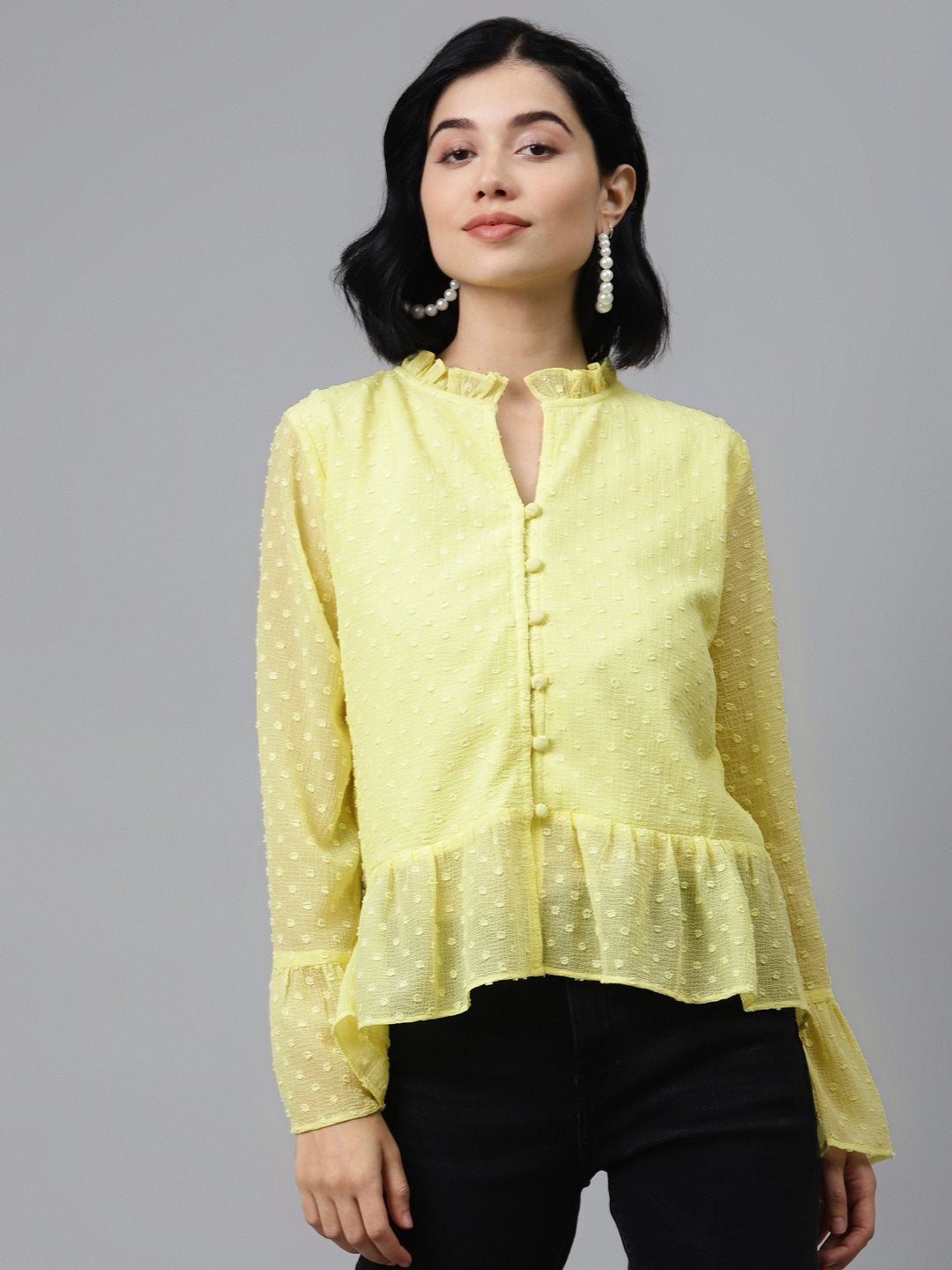 Women's Yellow Front Frill Detail Top