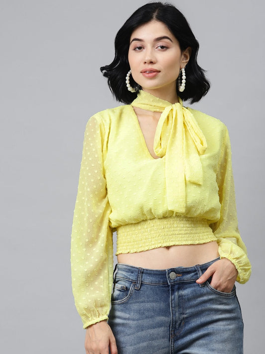 Women's Yellow Front Bow Smocking Crop Top