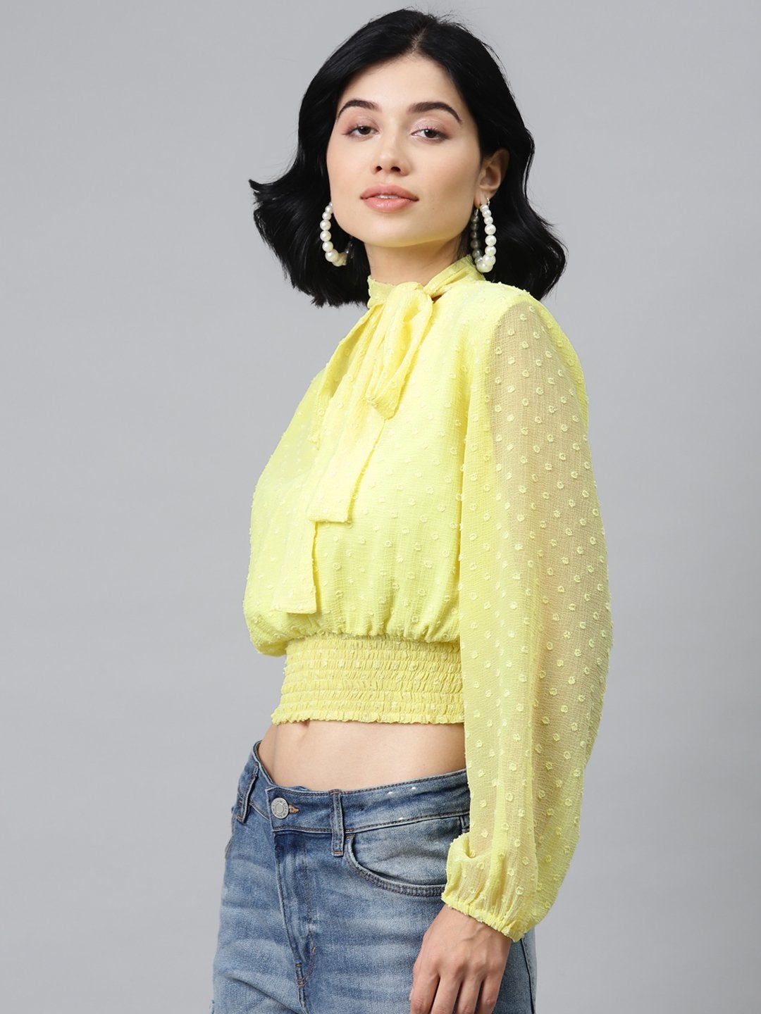 Women's Yellow Front Bow Smocking Crop Top