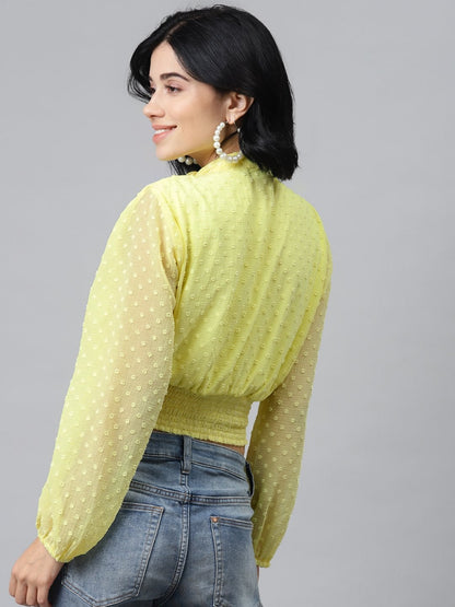 Women's Yellow Front Bow Smocking Crop Top