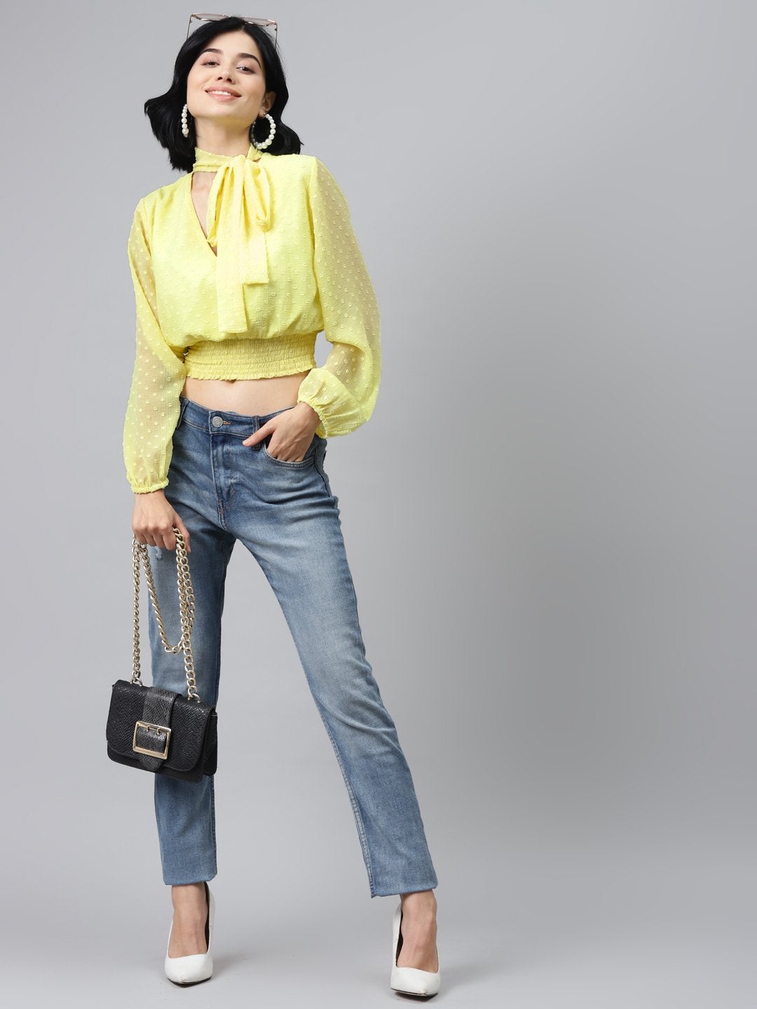 Women's Yellow Front Bow Smocking Crop Top