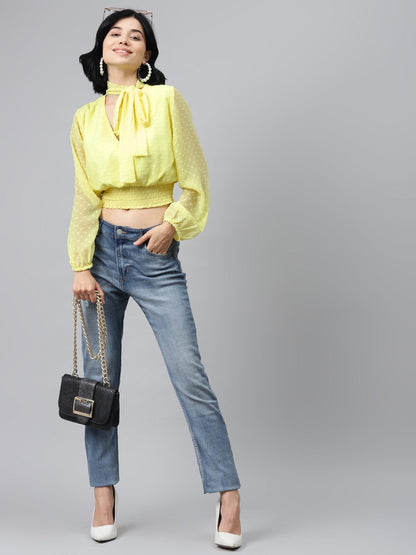 Women's Yellow Front Bow Smocking Crop Top