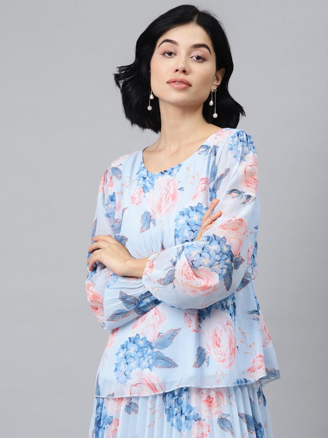 Women's Light Blue Floral Peplum Top