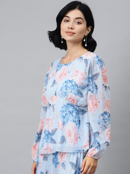 Women's Light Blue Floral Peplum Top