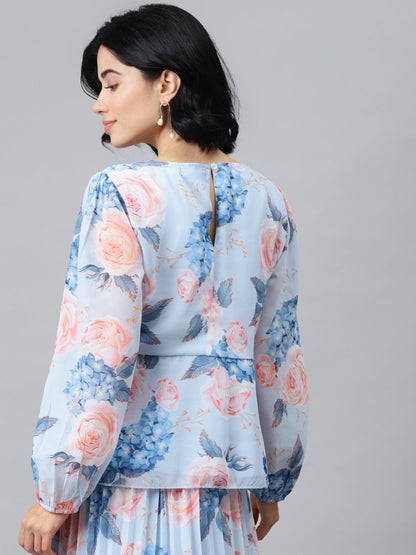 Women's Light Blue Floral Peplum Top