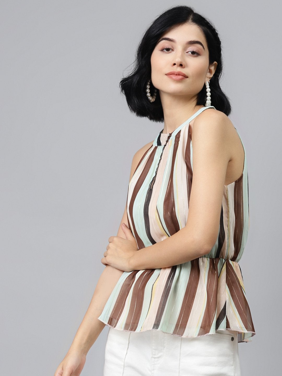 Women's Multi Stripes Lurex Halter Neck Top