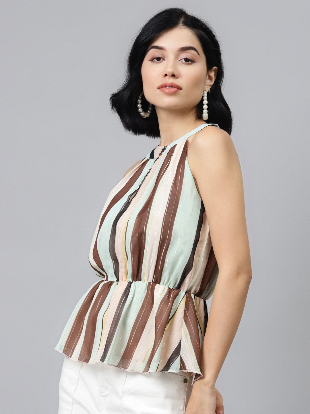 Women's Multi Stripes Lurex Halter Neck Top