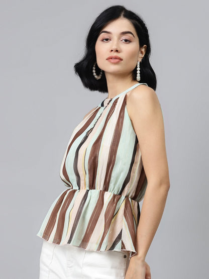 Women's Multi Stripes Lurex Halter Neck Top