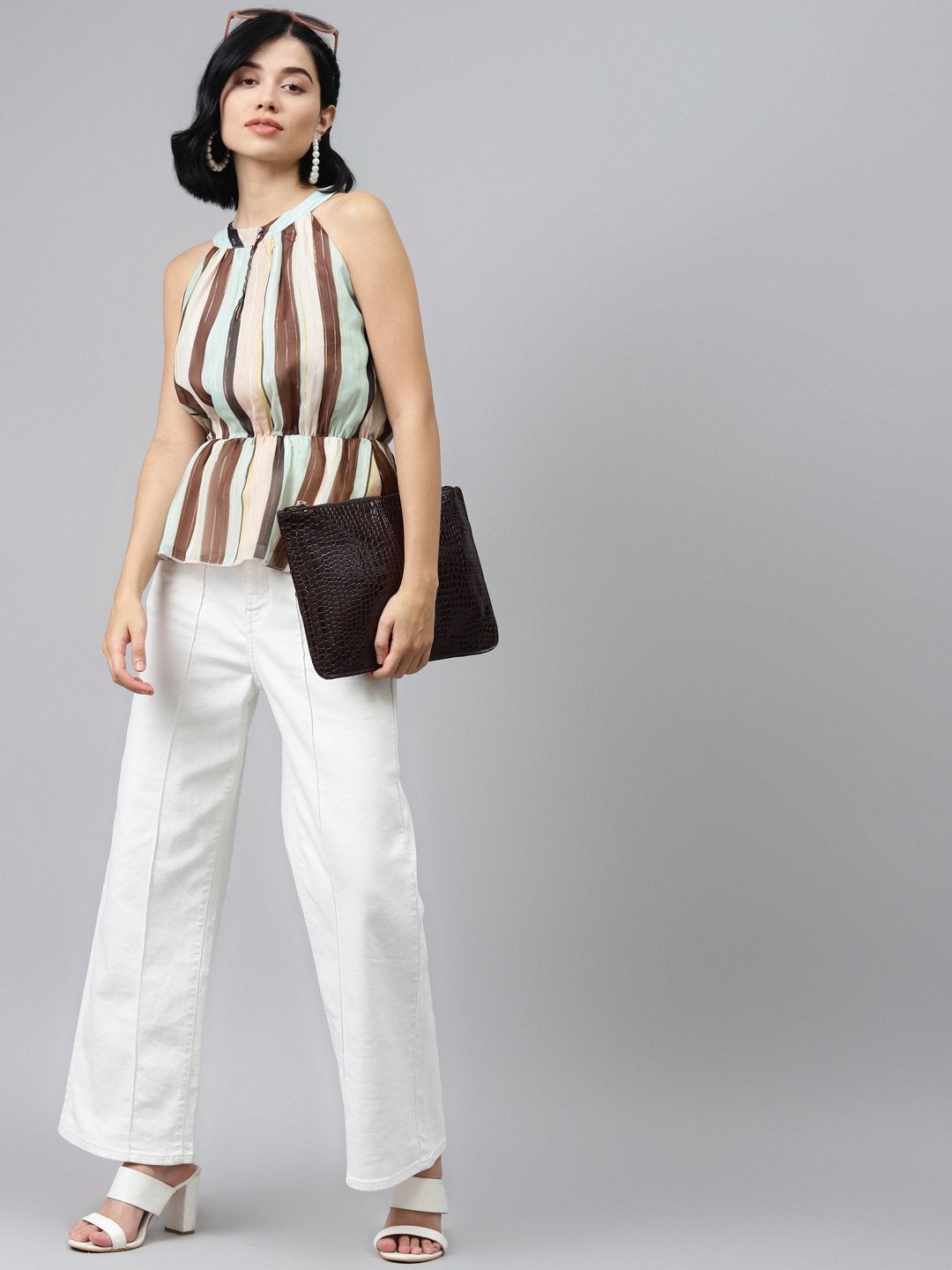 Women's Multi Stripes Lurex Halter Neck Top