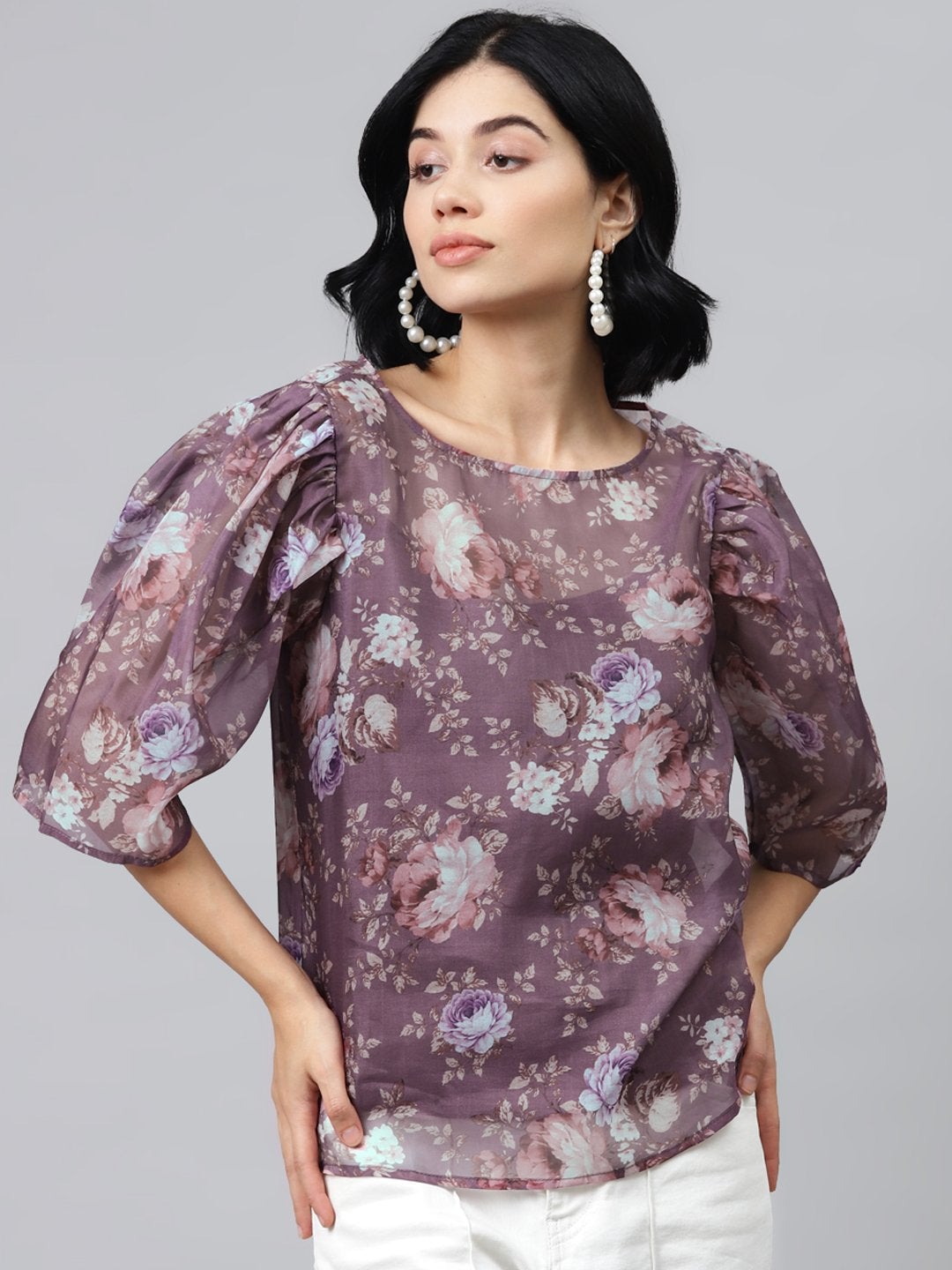 Women's Mauve Floral Puff Sleeve Top