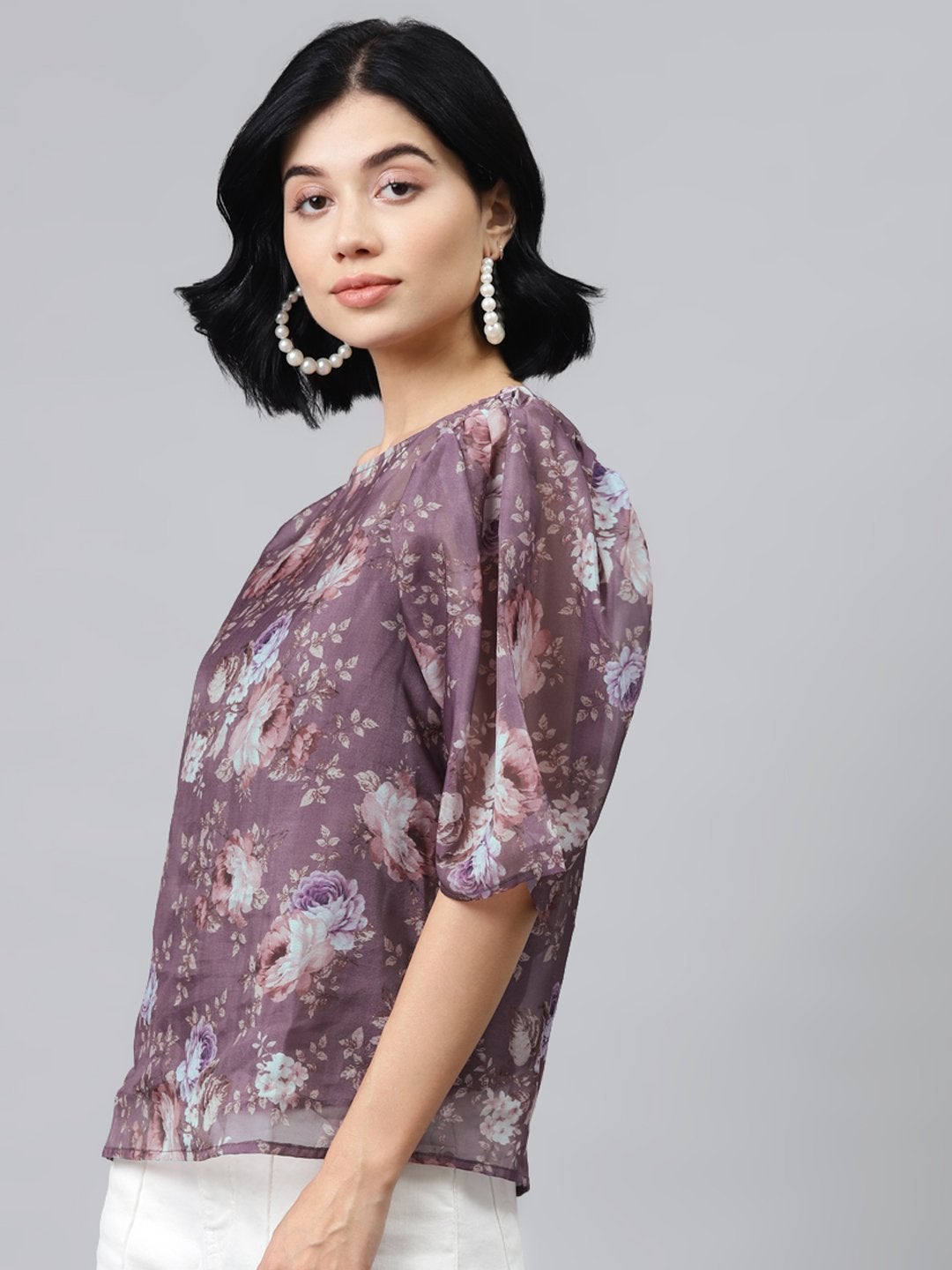 Women's Mauve Floral Puff Sleeve Top