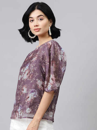 Women's Mauve Floral Puff Sleeve Top