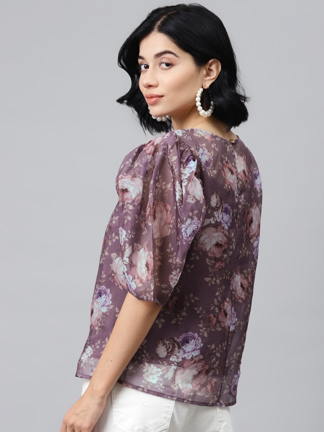 Women's Mauve Floral Puff Sleeve Top