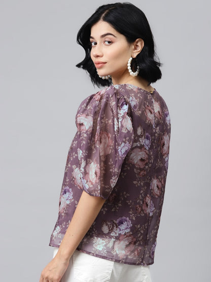 Women's Mauve Floral Puff Sleeve Top