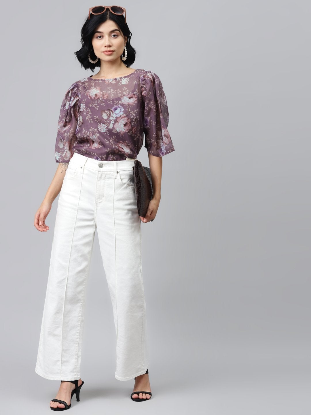 Women's Mauve Floral Puff Sleeve Top