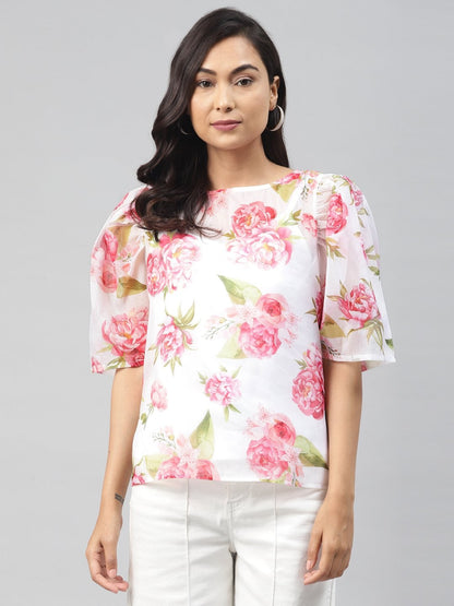 Women's White Floral Puff Sleeve Top