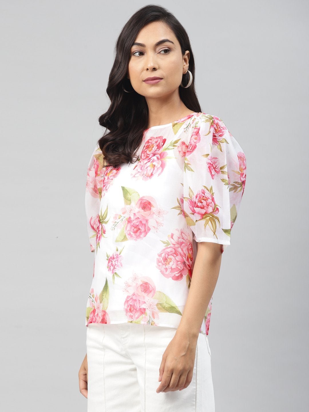 Women's White Floral Puff Sleeve Top