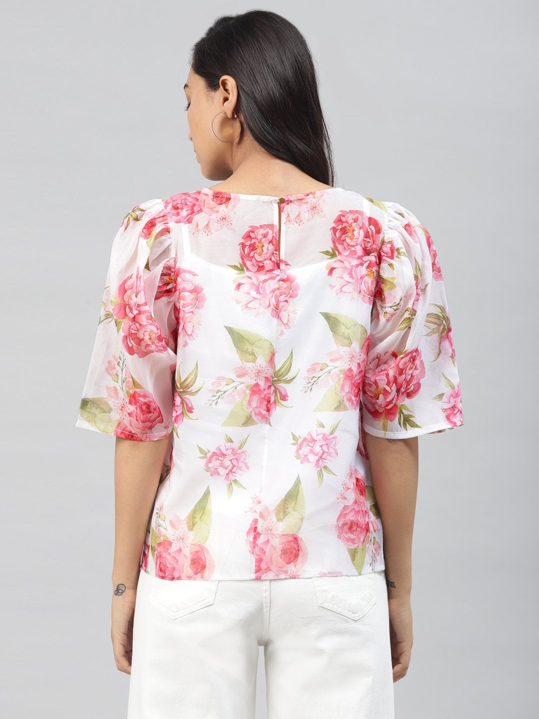 Women's White Floral Puff Sleeve Top
