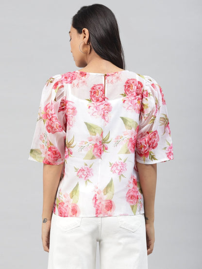 Women's White Floral Puff Sleeve Top