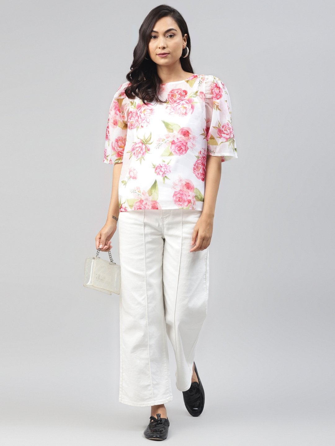Women's White Floral Puff Sleeve Top