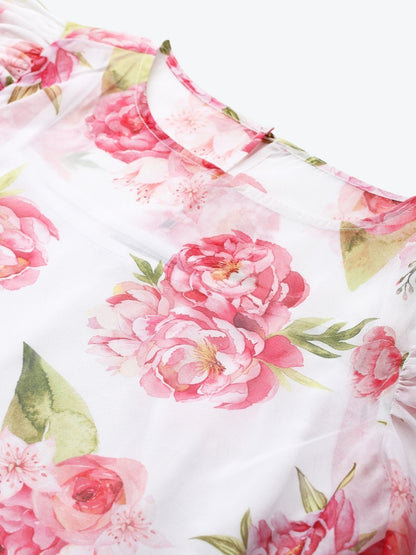 Women's White Floral Puff Sleeve Top