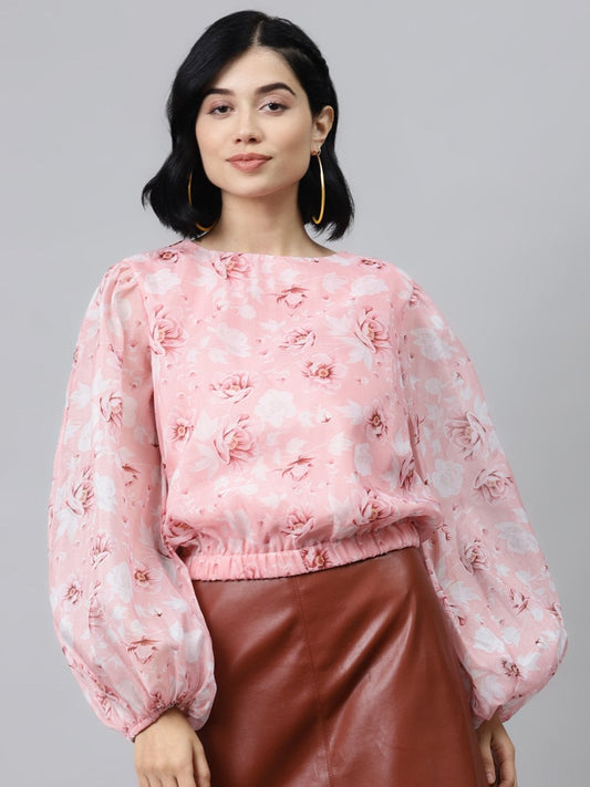 Women's Pink Floral Balloon Sleeve Crop Top