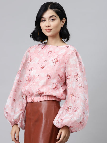 Women's Pink Floral Balloon Sleeve Crop Top