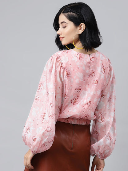 Women's Pink Floral Balloon Sleeve Crop Top