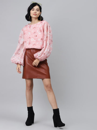 Women's Pink Floral Balloon Sleeve Crop Top