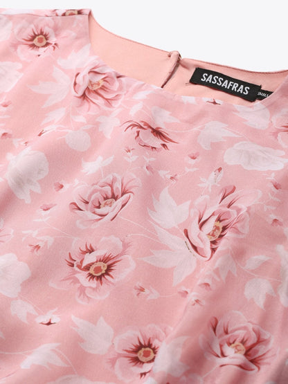 Women's Pink Floral Balloon Sleeve Crop Top