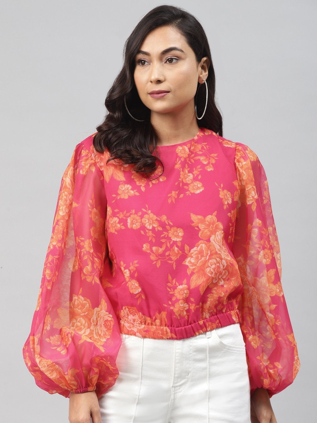 Women's Fuchsia Floral Balloon Sleeve Crop Top